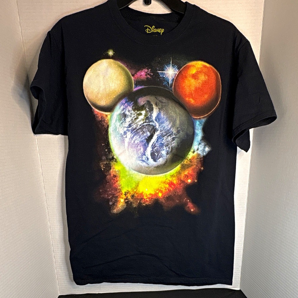 Disney Mickey Mouse Planet Earth Space Graphic Black T-Shirt Adult Unisex M